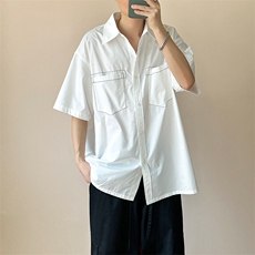 现货-夏季线条衬衫男宽松青少年时尚潮牌短袖衬衣-AC23005-P50，男装衬衫，电商A351