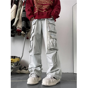 Cleanfit美式复古多口袋宽松直筒男女牛仔裤4 XZ502-K707-P65控88图片