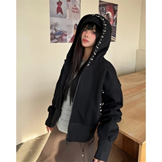 秋季美式小众设计钉珍珠短款连帽外套女复古修身黑色夹克WY206，男装夹克，星座1116A（原606A-3）