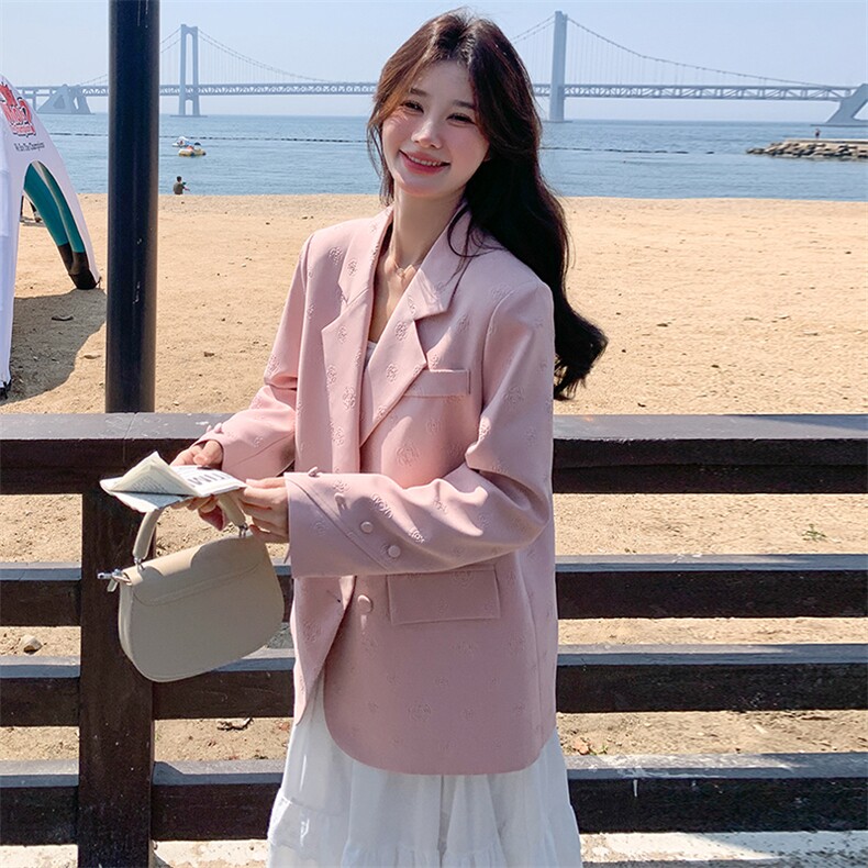 小个子提花粉色西服女2024春秋新款休闲宽松小众设计感小西装外套,女装西装,流量+