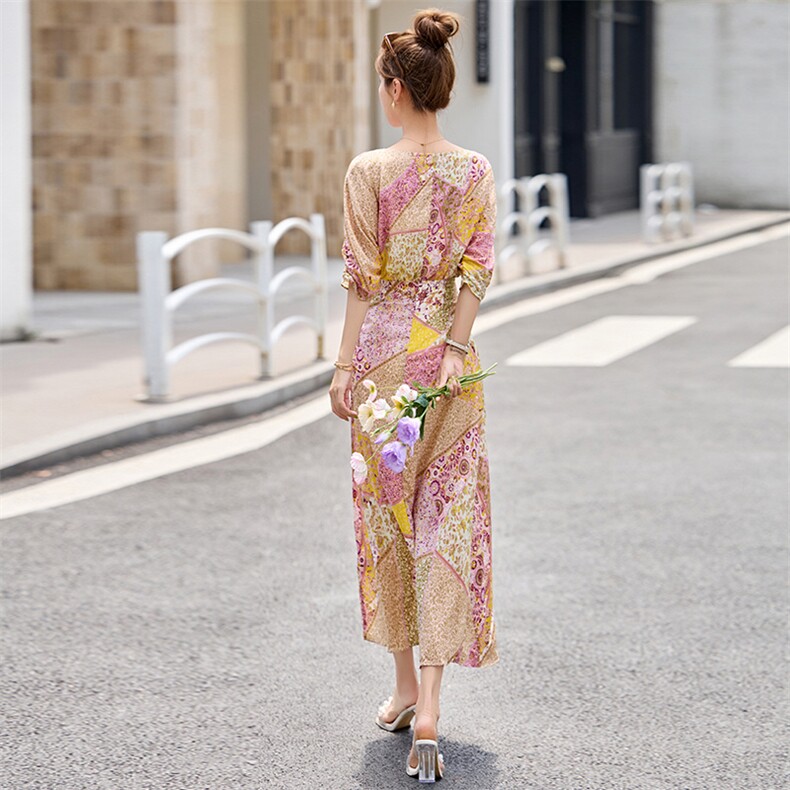 法式印花圆领一片式系带裙女2026夏优雅气质收腰度假连衣裙,女装连衣裙,美沁