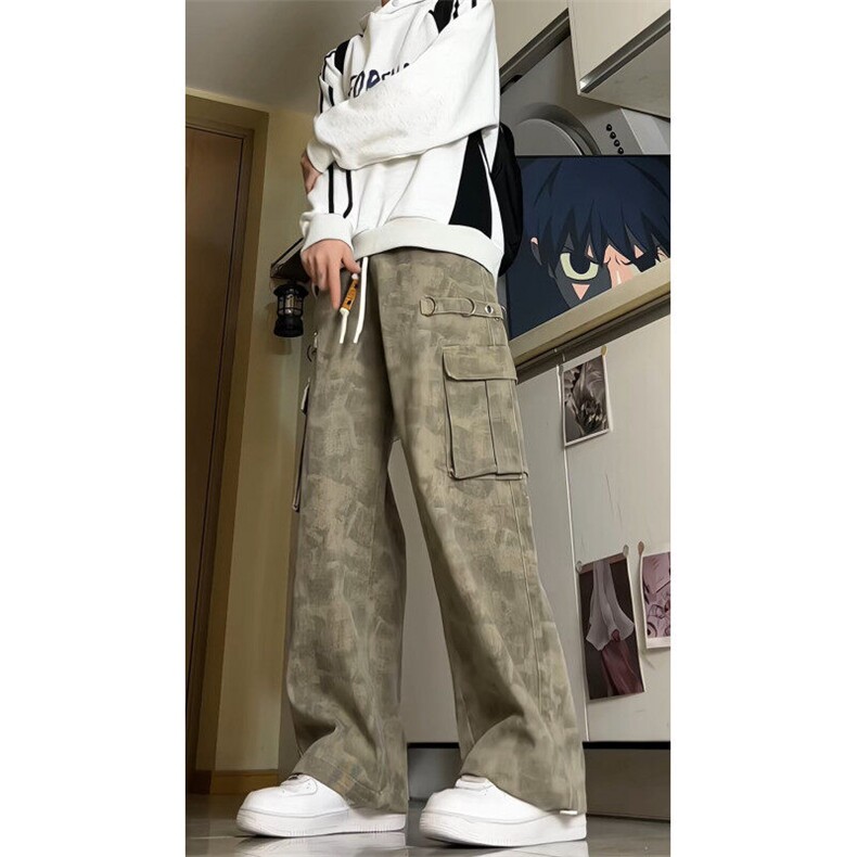 迷彩工装牛仔裤男美式抽绳宽松休闲长裤高街痞帅阔腿裤G350p65,男装牛仔裤,电商D256