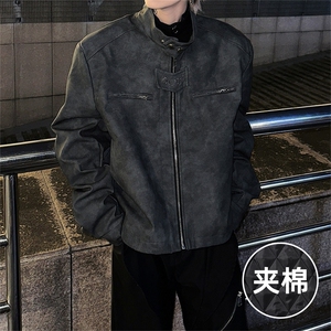 美式复古做旧棕色机车服皮衣外套男秋冬加棉小众感短款垫肩夹克衫图片