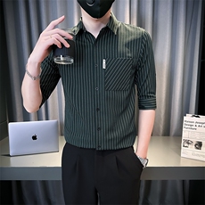 夏季男士七分袖条纹衬衫男休闲修身休闲衬衣A236-C660-P55，男装衬衫，电商A236