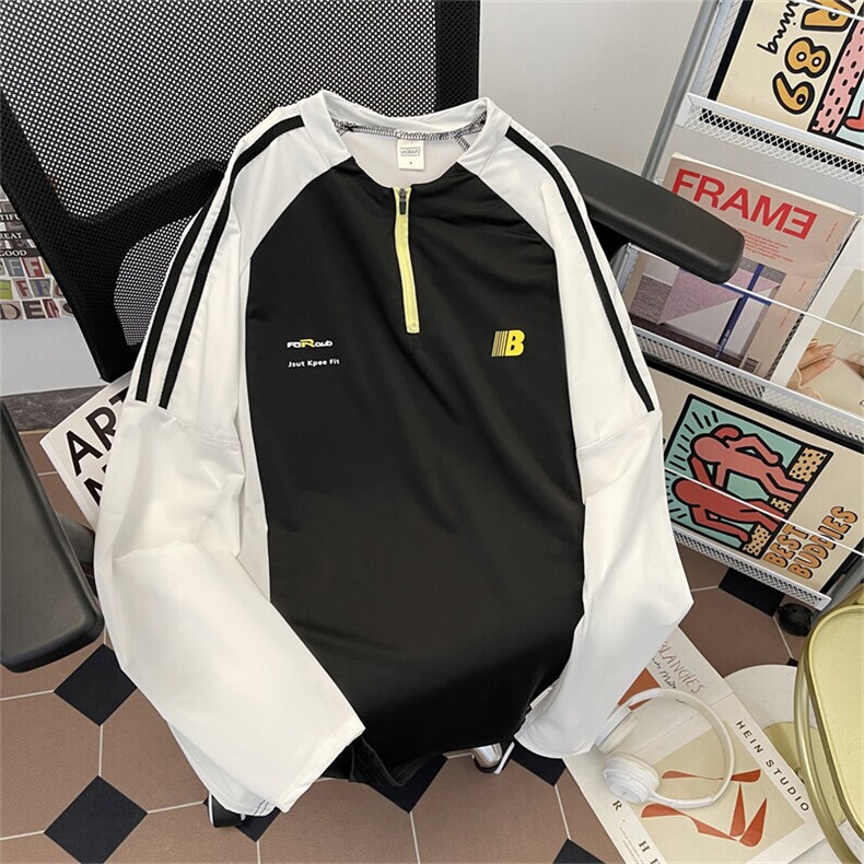 半拉链插肩袖撞色速干t恤夏季宽松运动球衣凉感长袖FT74P42,男装T恤,星座1013-1