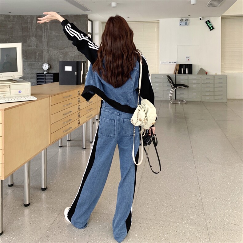 2025春秋季新款韩版拼接牛仔上衣阔腿裤两件套女复古休闲显瘦套装,女装套装/套裙,2D148