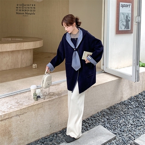 藏青色学院风撞色拼接双面呢羊毛外套女秋冬2025新款设计减龄大衣图片