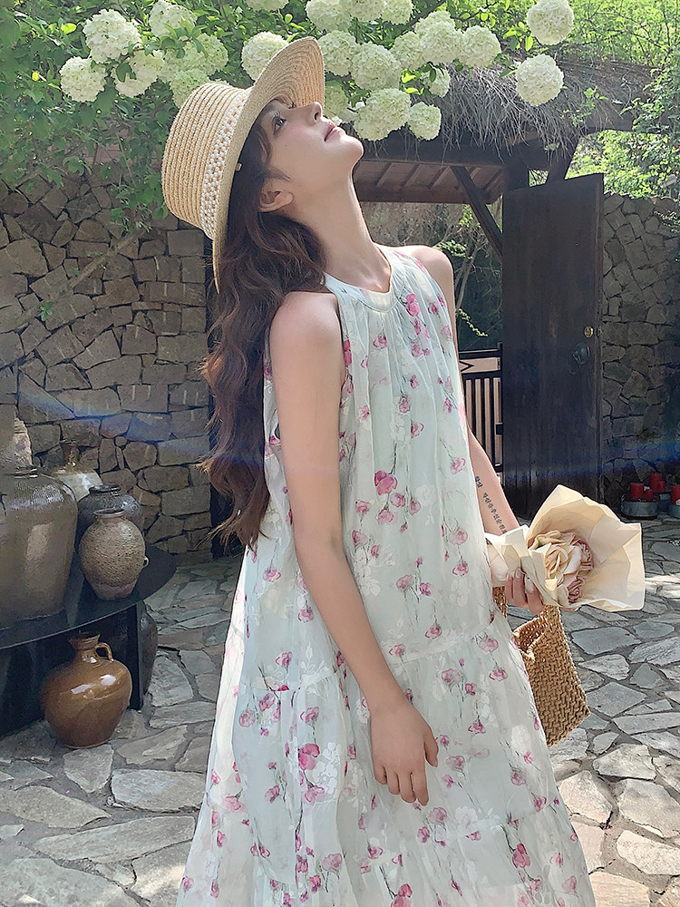 高级感海边度假扎染印花无袖露肩挂脖长裙女夏新款温柔茶歇连衣裙,女装连衣裙,浙宝305