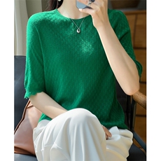 一线成衣夏季新款精纺羊毛短袖t恤女宽松圆领花边针织衫半袖上衣，女装针织衫/毛衣，大美人高端店