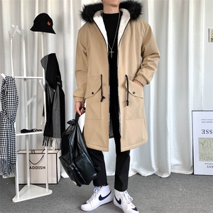 加绒风衣男中长款棉衣服男派克服男女大衣男毛领F659-P115卡其二