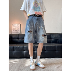 泼墨破洞高街牛仔短裤男女韩版潮流2025夏季ins五分裤RK2907-P43，男装牛仔裤，星座412-3