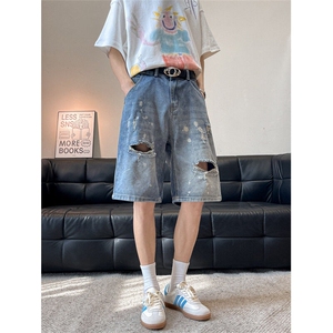 泼墨破洞高街牛仔短裤男女韩版潮流2025夏季ins五分裤RK2907-P43图片