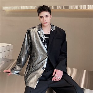 春季新款休闲宽松亮片拼接撞色西服外套上衣男潮A345-1877-P145图片
