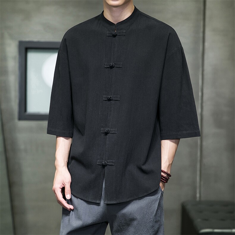 2023风男装盘扣唐装汉服五分袖短袖衬衫衬衣A203A-C11图片