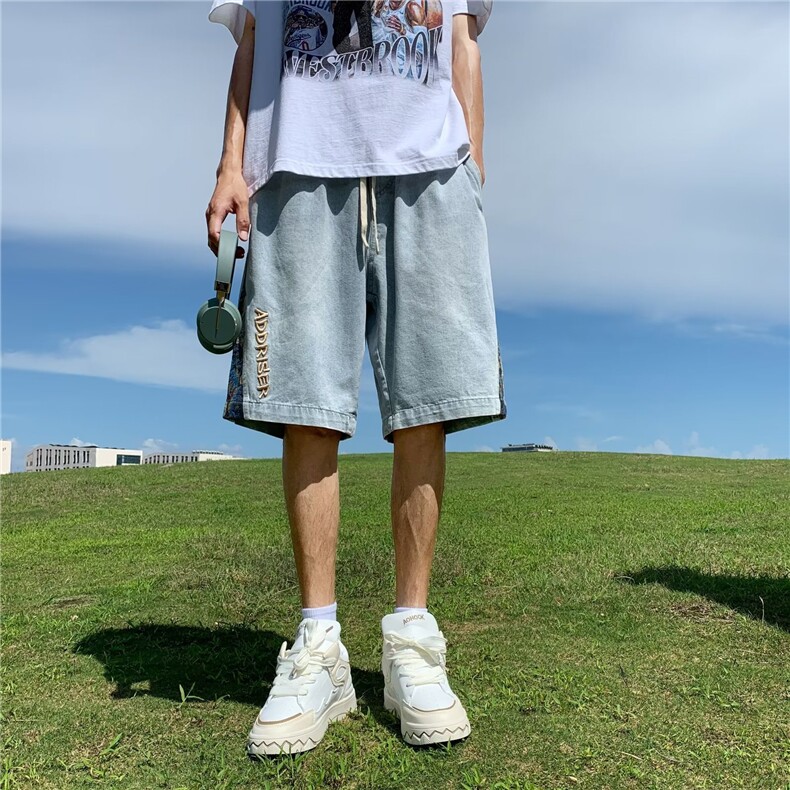 刺绣拼接牛仔短裤男款宽松直筒痞帅裤子夏季潮牌高街五分裤,男装牛仔裤,星座410-7