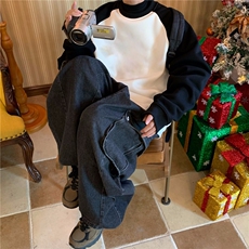 美式插肩撞色纯棉长袖t恤男生春秋季薄款黑白拼接打底衫潮牌上衣，男装T恤，星座813-2