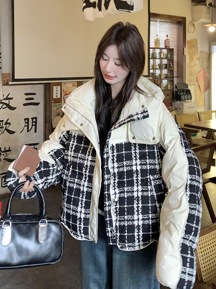 时尚黑白格子拼接连帽加厚短款羽绒服女2024冬新款学院风显瘦外套,女装羽绒服,橙子家