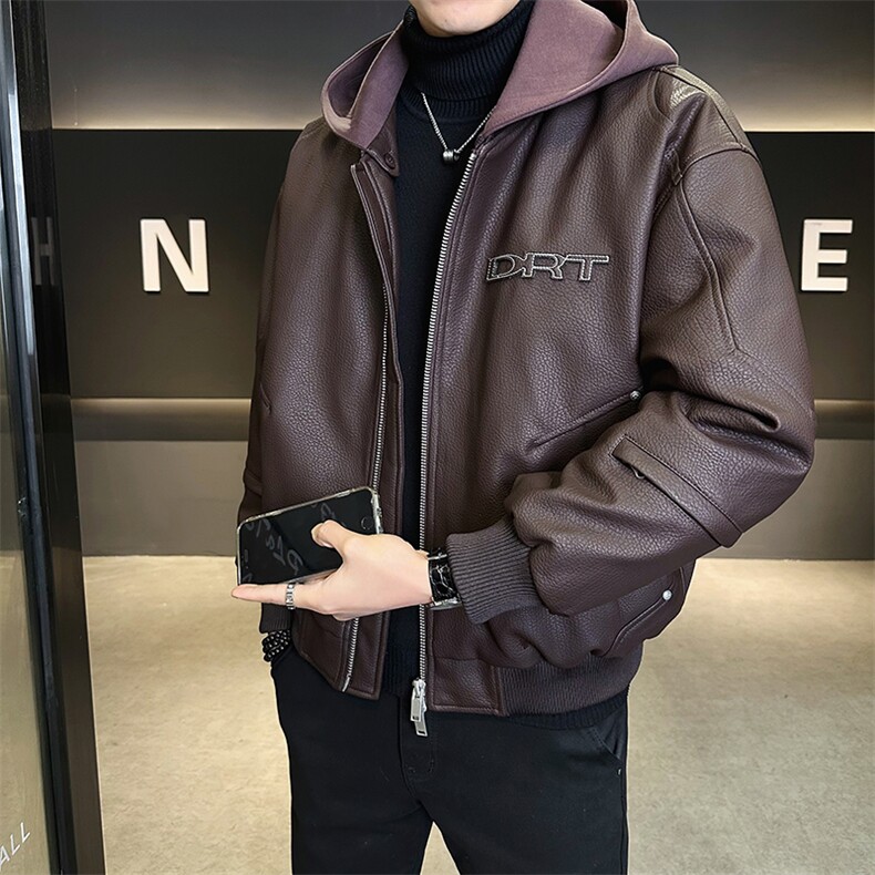 标50绒男士痞帅连帽可拆卸PU皮羽绒服5066-P275（控卷后378），男装羽绒服，电商B338