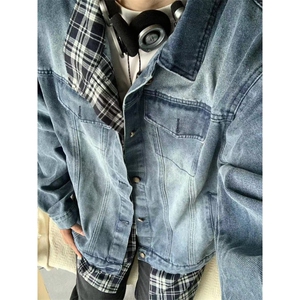 【有货】假两件牛仔外套男春秋格子衬衫拼接工装夹克JK8624HH-P85