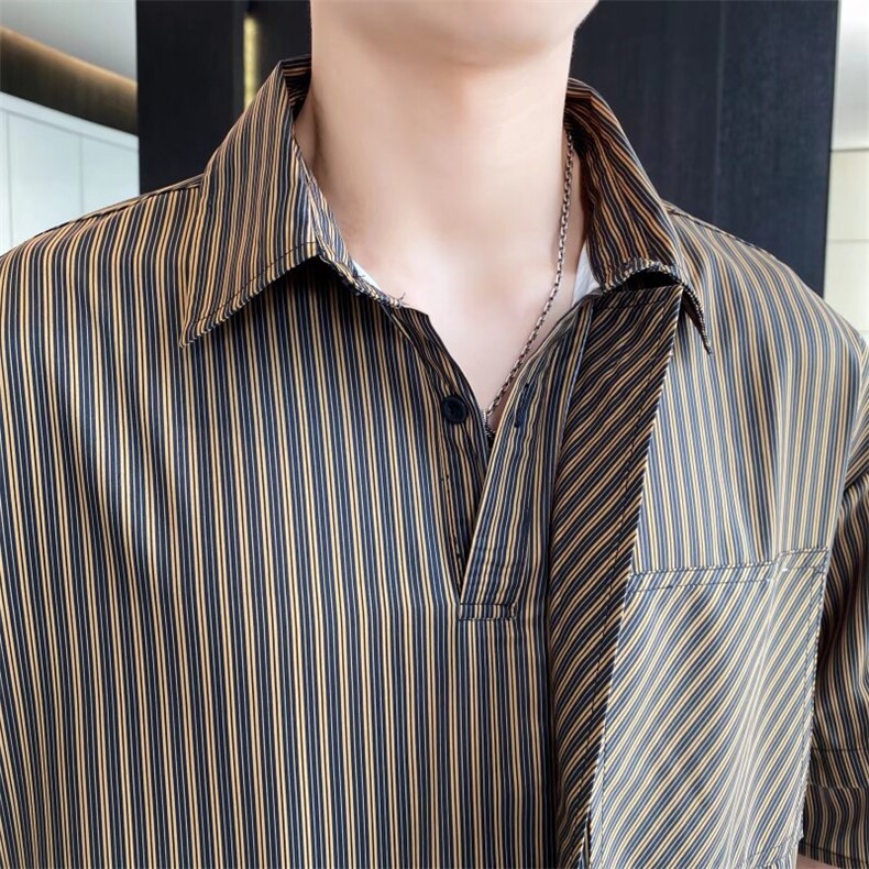 条纹短袖衬衫男士韩版潮流设计感小众轻熟风男装薄款中袖衬衣C15,男装衬衫,星座1116A-2（原606A-1）