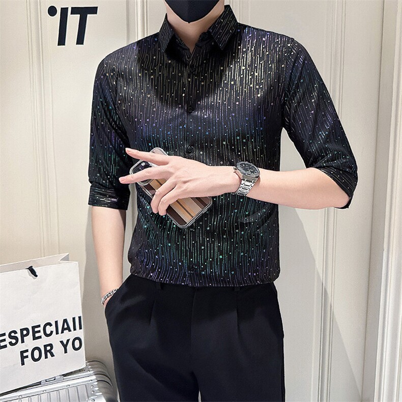 店主风社会小伙男士烫金七分袖痞帅衬衫301A-1/CS587/P55,男装衬衫,星座301A-1
