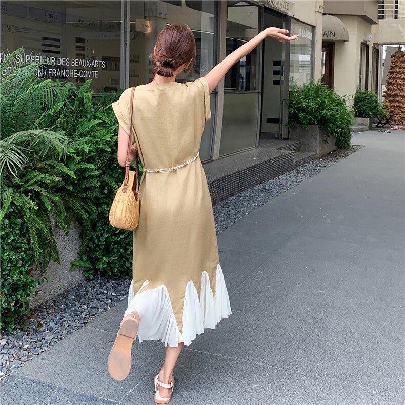 卡其色V领收腰连衣裙女夏2025新款流行韩系流行独特设计感鱼尾裙,女装连衣裙,2C299