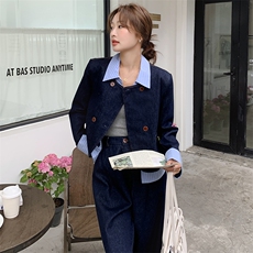 春装搭配一整套假两件牛仔套装女2025年新款休闲外套直筒裤两件套，女装套装/套裙，1C130
