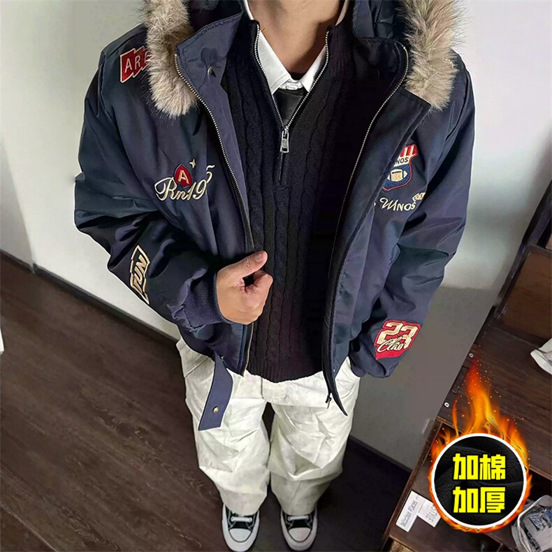 现货高品质美式高街重磅刺绣座山雕大毛毛领棉衣男女加厚棉服外套，男装棉衣，电商A486