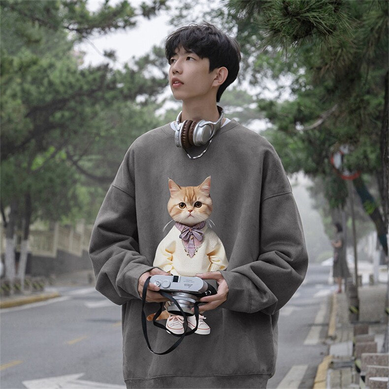 抖音得物高品质日系猫咪麂皮绒宽松圆领卫衣wyjp4048-特p35控69,男装卫衣,星座605(原A050)