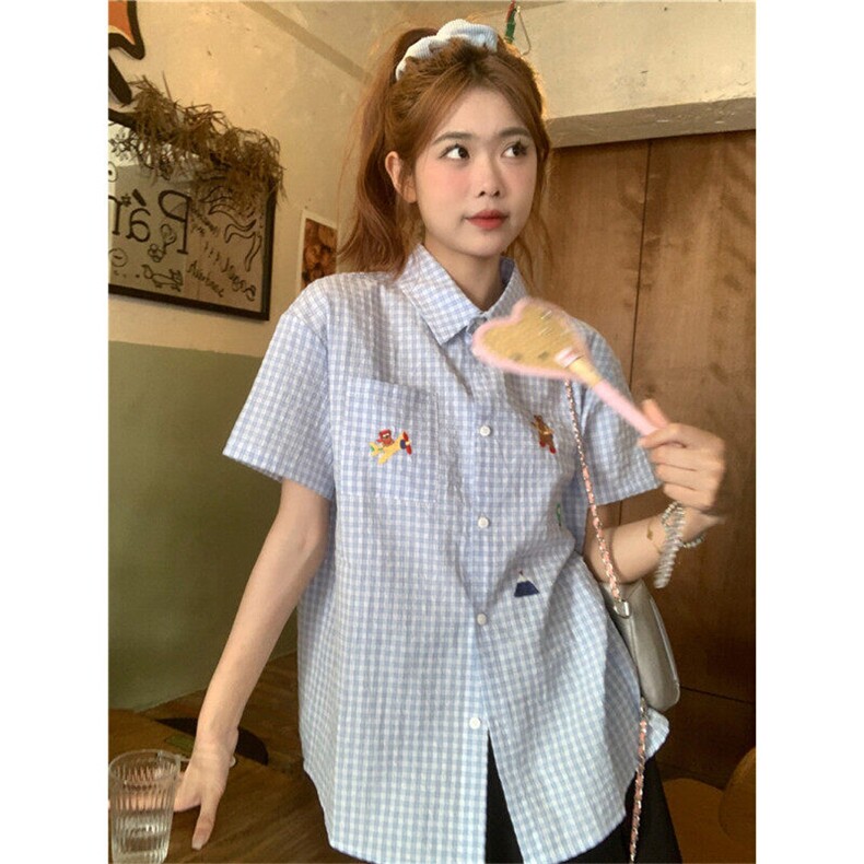 蓝色polo领刺绣短袖衬衫男女夏季百搭别致格子衬衣C4005,男装T恤,星座601-1