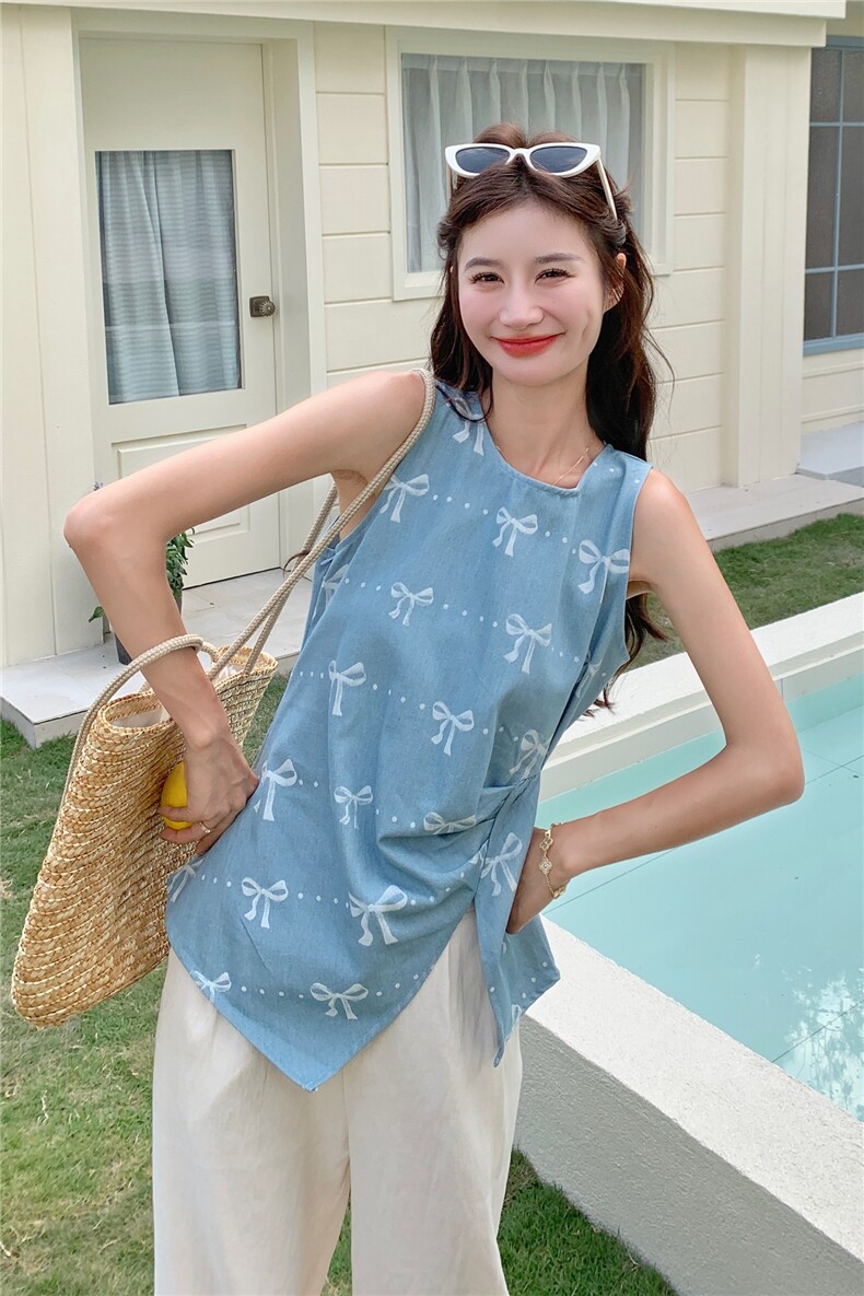 韩系甜美蝴蝶结无袖牛仔背心配裤子女夏2025新款棉麻阔腿裤两件套,女装套装/套裙,2D078