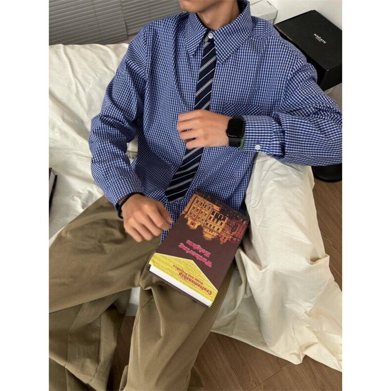 CS001NHH-特P50假两件带领带蓝色格子衬衫男长袖春秋衬衣外套,男装衬衫,星座1007（原301D）