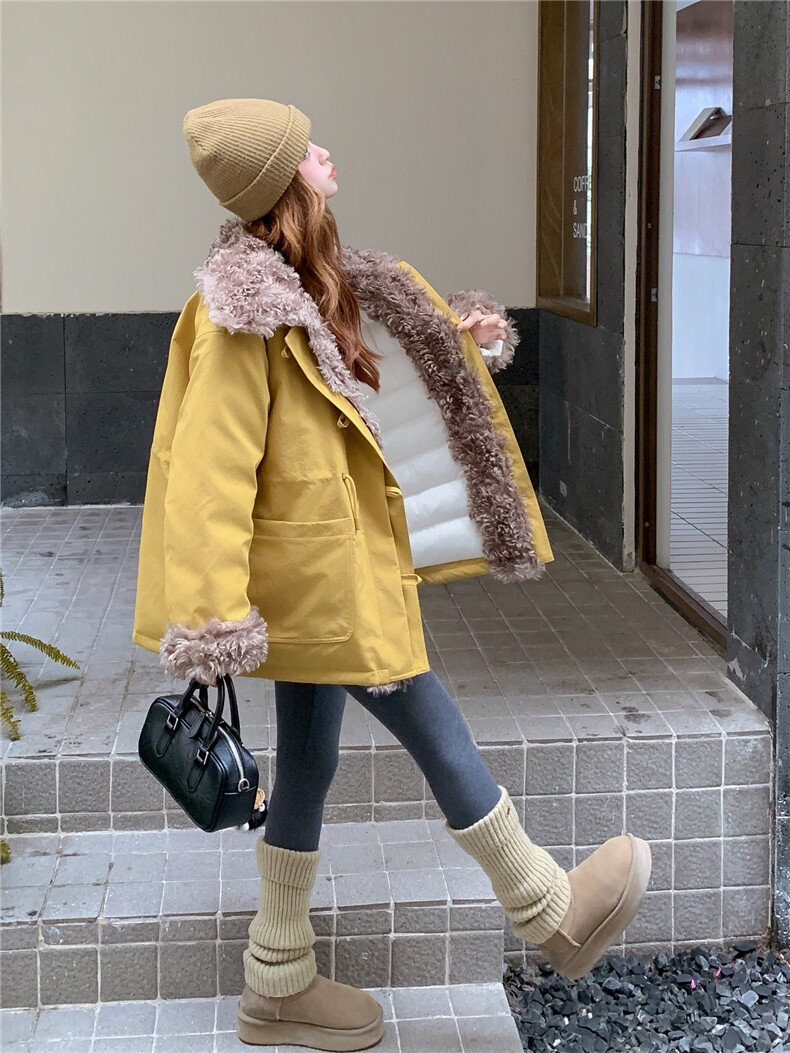 拼环保羊羔毛宽松款派克棉服可收腰--2B72--8867--P215--K298,女装派克服,乐吉娜