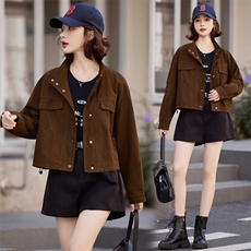 复古工装夹克外套女短款春秋新款时尚立领宽松休闲小个子显瘦上衣，女装短外套，米雪儿