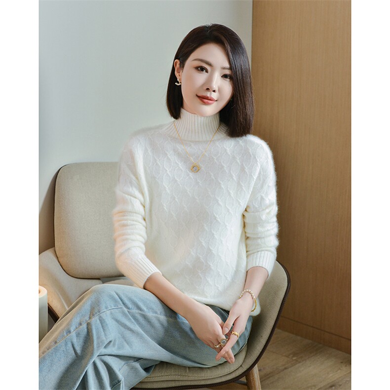 女士秋冬季简约百搭纯色扭花半高领羊毛衫,女装羊毛衫,宋氏羊绒