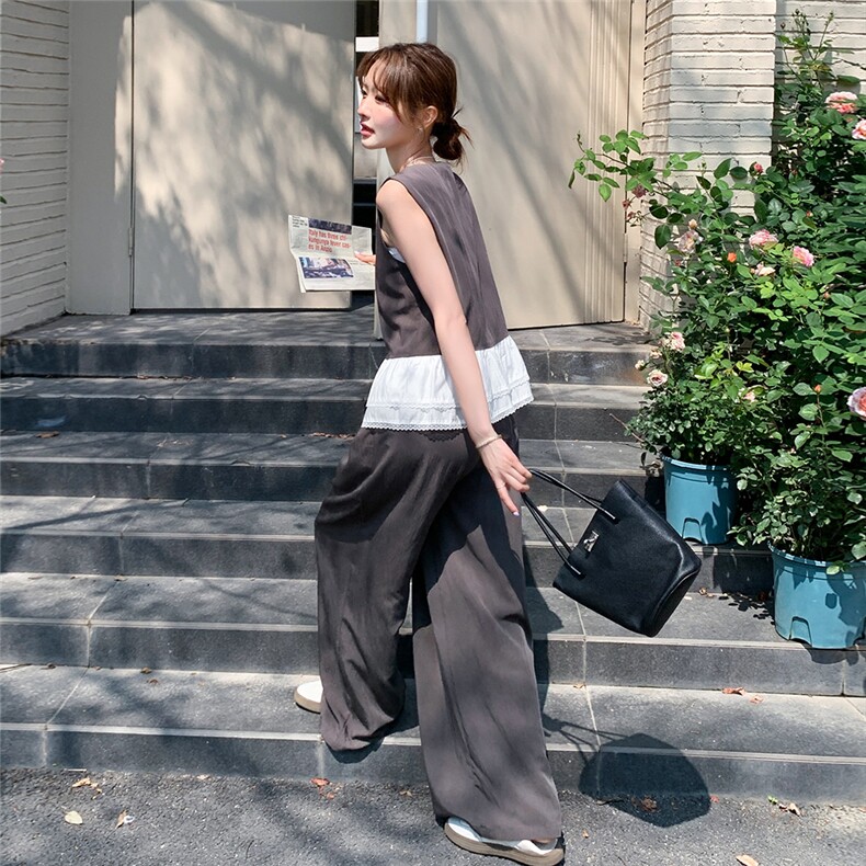 高级感蕾丝拼接马甲套装女2025夏季新款气质流行超火阔腿裤两件套,女装套装/套裙,2C032