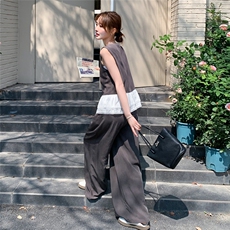 高级感蕾丝拼接马甲套装女2025夏季新款气质流行超火阔腿裤两件套，女装套装/套裙，2C032
