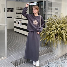 休闲运动灰色碎花卫衣半身裙套装女春秋2025新款小个子超火两件套，女装套装/套裙，2D014