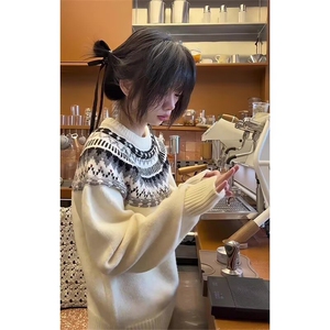 男女装休闲毛衣2025秋季新款费尔岛花纹毛衫宽松菱形提花毛衣潮,港商国际女装搭配图片