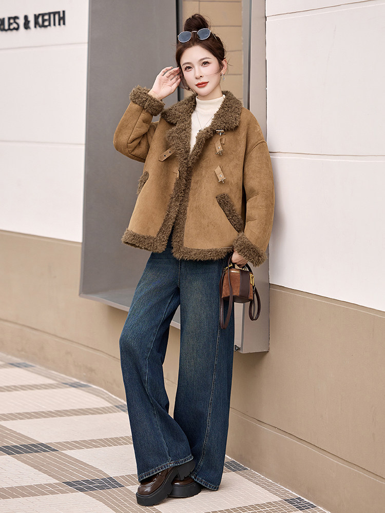 羊羔毛外套女2025秋冬季新款独特漂亮韩系休闲小香风短款皮毛一体,女装短外套,橙子家
