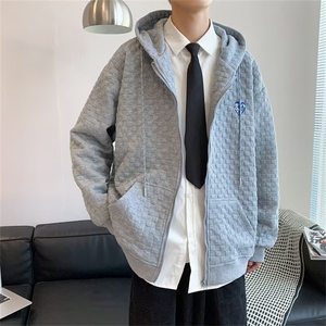早秋装新款连帽卫衣女宽松华夫格韩版百搭设计感长袖开衫外套图片