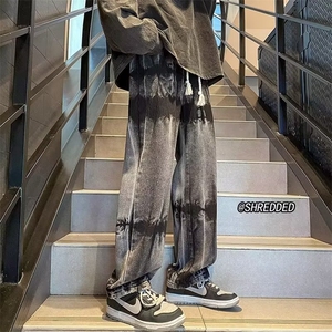1506-1/K0901/P43美式街头水洗做扎染牛仔裤男春秋直筒宽松百搭,撞色棉服搭配什么颜色的围巾图片