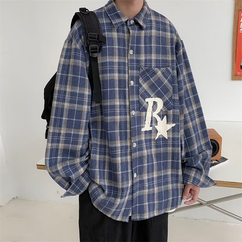 美式复古衬衣宽松休闲外套格子衬衫春秋季韩版情侣装W7001-P40,男装衬衫,星座512-2