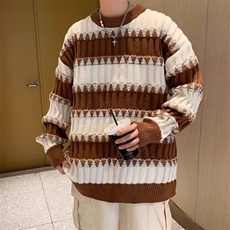 撞色条纹毛衣男女秋冬季潮牌宽松设计感圆领针织衫慵懒风情侣外套，男装针织衫/毛衣，星座506A