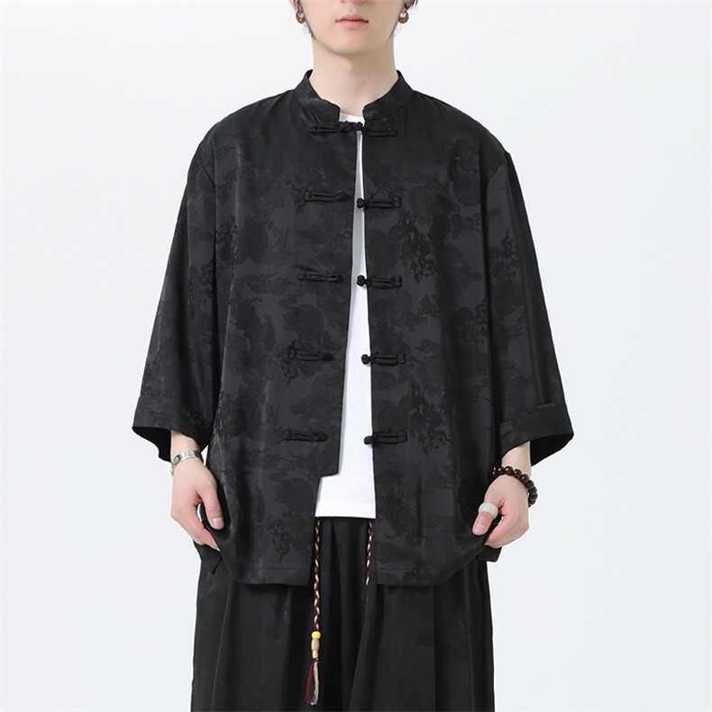 男士风七分袖衬衫2025夏季新款立领大码盘扣上衣CS100-P55,男装衬衫,电商A008