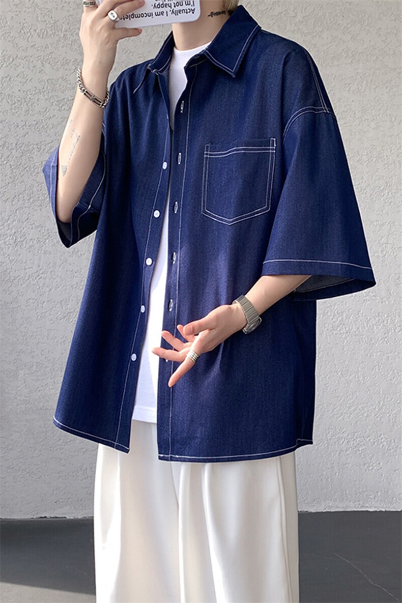8XL-M冰丝牛仔短袖衬衫男款夏季薄款宽松慵懒衬衣外套DC28006P60,男装T恤,电商B312