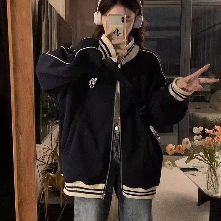 美式灰色立领拉链卫衣外套女春秋季设计感小众宽松秋冬棒球服开衫,男装夹克,星座506A