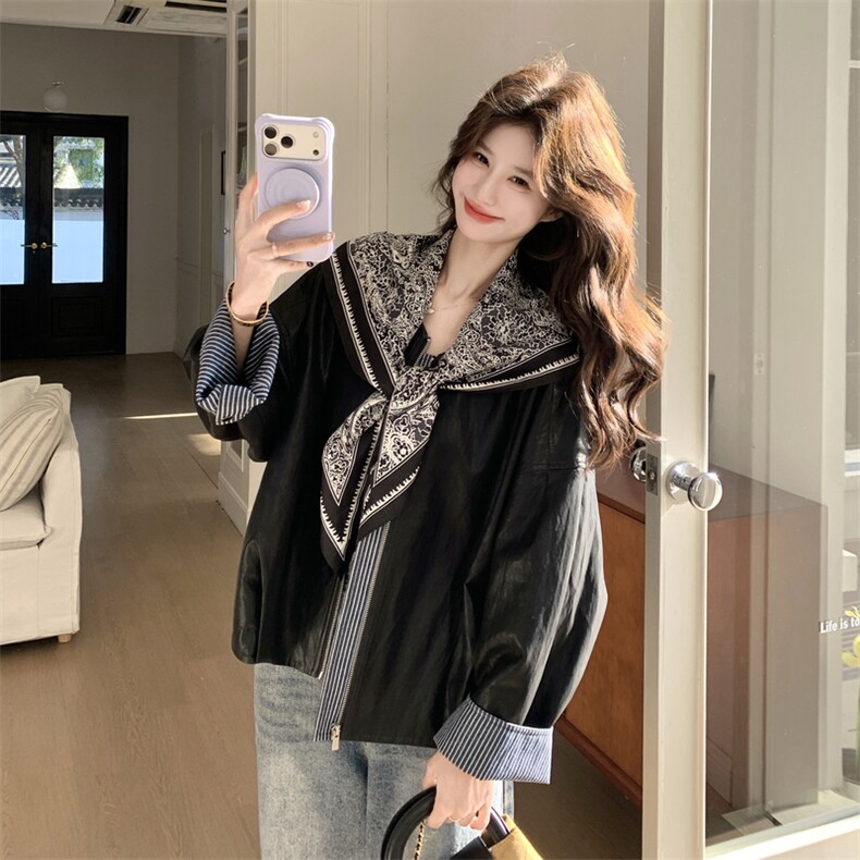有货黑色带丝巾皮衣2C198-6831-P165K268,女装短外套,2C198