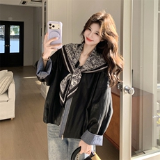 有货黑色带丝巾皮衣2C198-6831-P165K268，女装短外套，2C198