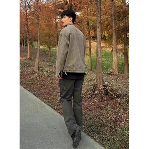 美式复古重磅水洗帆布哈灵顿外套男春秋立领设计感休闲夹克JK962图片